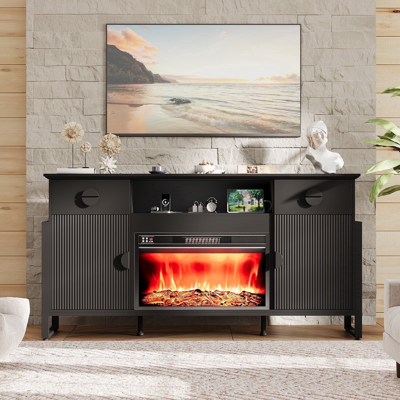 Holliwill 70" TV Stand for TVs up to 80" with 30" Electric Fireplace & Charging Station, Modern Fluted Entertainment Center with Drawers for Living Room, Black