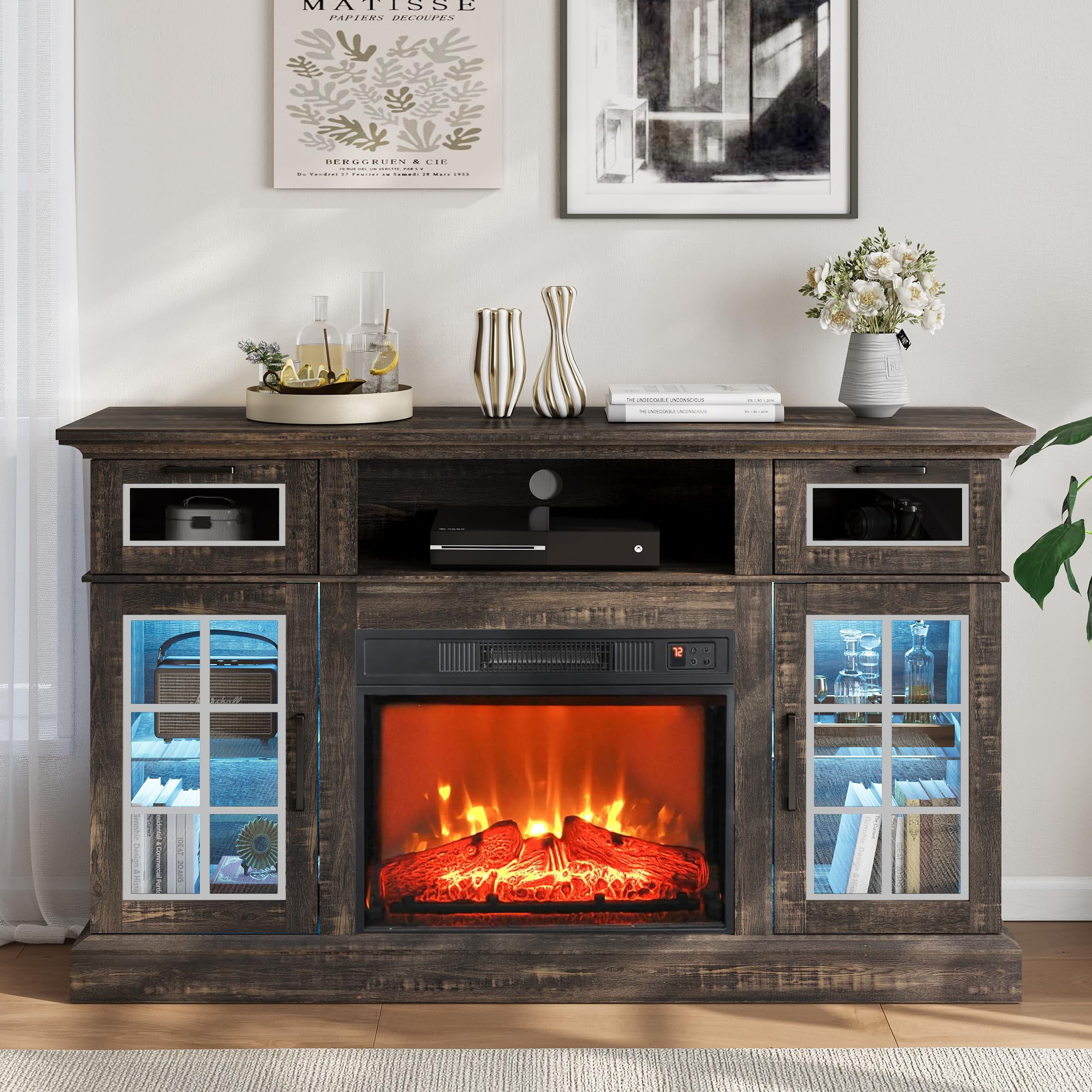 Relefree LED TV Stand with 23" Electric Fireplace for TVs up to 65 in