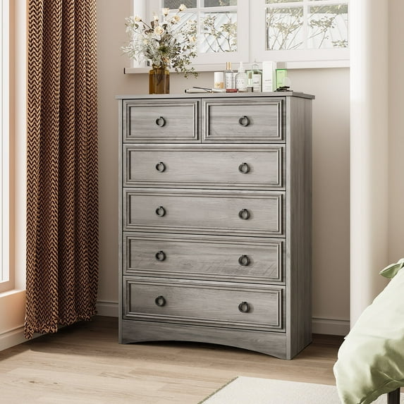 Holliwill Modern 6 Drawer Dresser, Tall Storage Cabinet Chest of Drawers for Bedroom Living Room Hallway, Gray