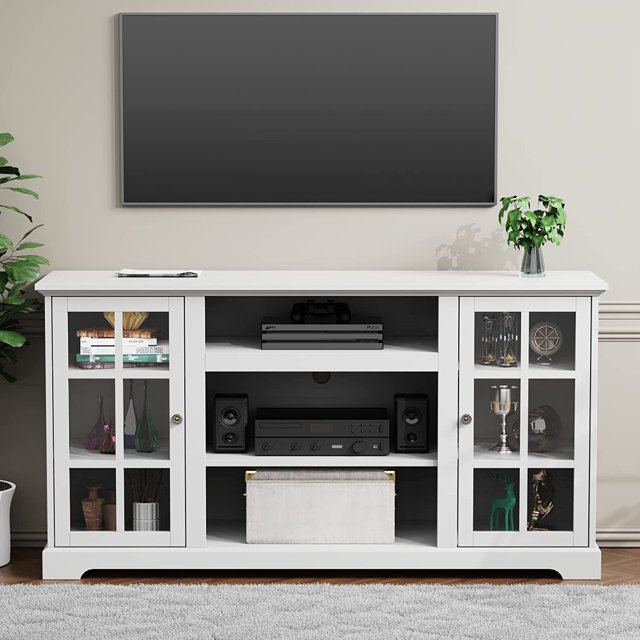 Relefree Modern Farmhouse TV Stand with Glass Door, 58 in Entertainment Center Tall TV Console