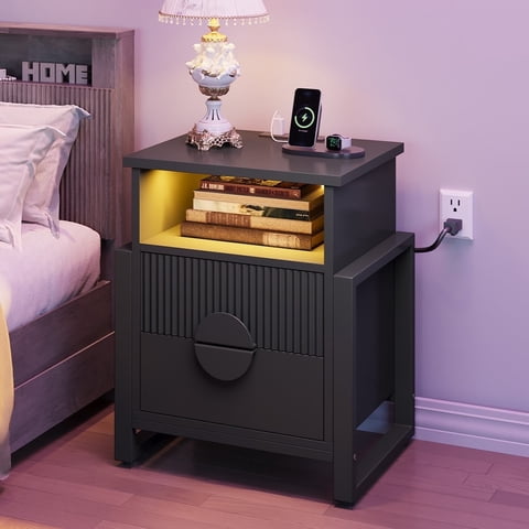 HolliWill Nightstand with Charging Station, 2 Drawer Dresser for Bedroom with LED Light, Fluted Bedside Table End Table Side Table for Living Room, Black