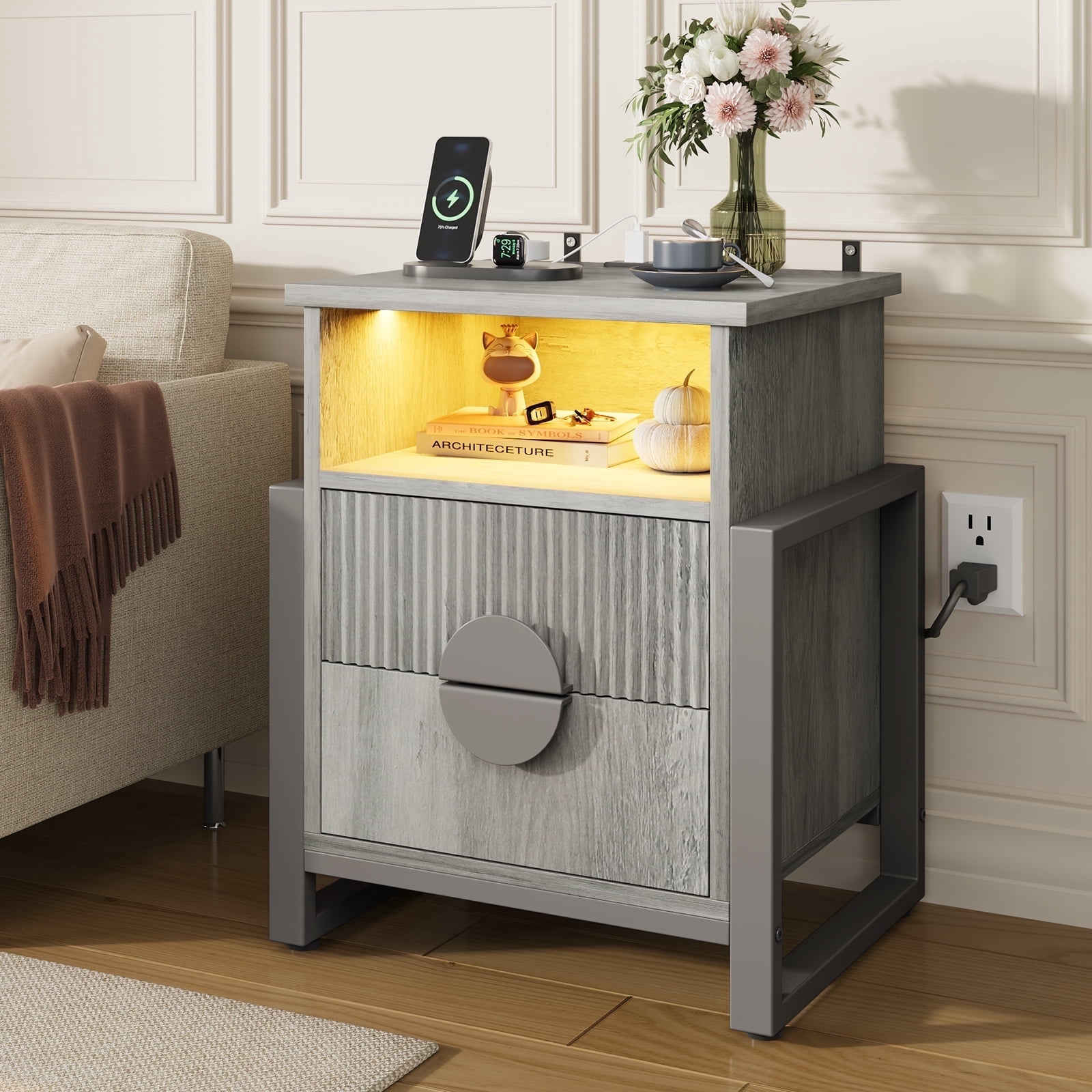 HolliWill Nightstand with Charging Station, 2 Drawer Dresser for Bedroom with LED Light, Fluted Bedside Table End Table Side Table for Living Room, Gray