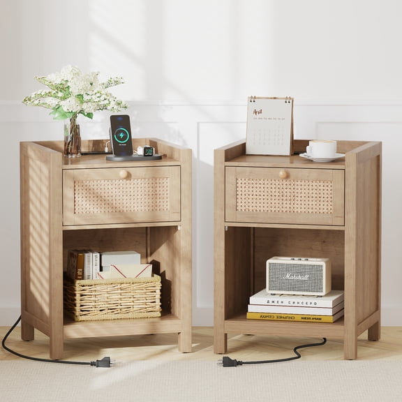 Holliwill Nightstand for Bedroom Set of 2 with Charging Station, Boho Rattan Modern Bedside Tables with Type-C, USB Port, Bed Side Tables End Table, Natural Oak