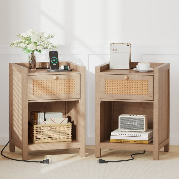 Holliwill Nightstand for Bedroom Set of 2 with Charging Station, Boho Rattan Modern Bedside Tables with Type-C, USB Port, Bed Side Tables End Table, Natural Oak