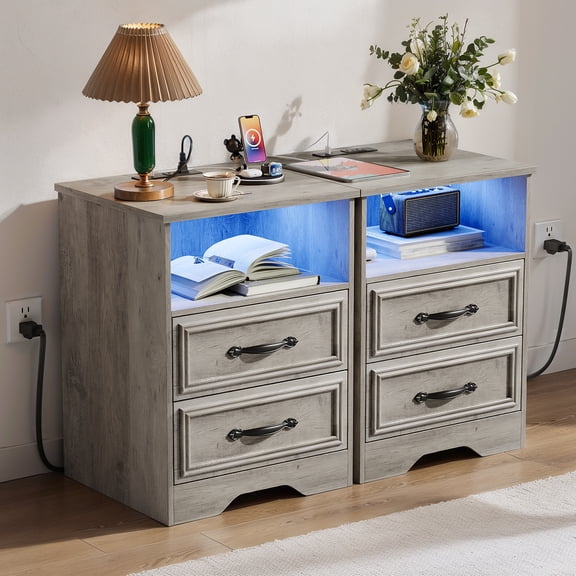 Holliwill Nightstand with Charging Station Set of 2, 2 Drawer Dresser for Bedroom with LED Light, Bedside Table End Table Side Table for Living Room, Gray