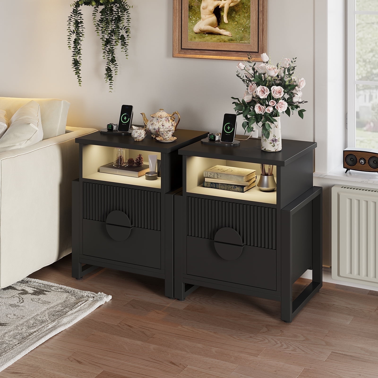 Holliwill Nightstand with Charging Station Set of 2, 2 Drawer Dresser for Bedroom with LED Light, Fluted Bedside Table End Table Side Table for Living Room, Black