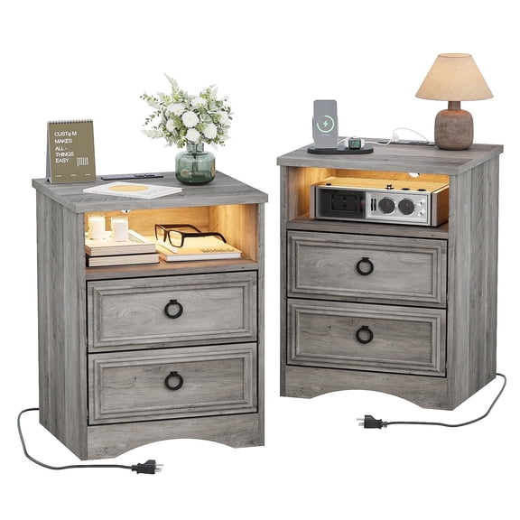 Holliwill Nightstand Set of 2 with Outlets & USB Ports & LED Lights, Modern Farmhouse Bedside Tables with 2 Drawer, Bed Side Tables End Table for Bedroom, Living Room, Gray