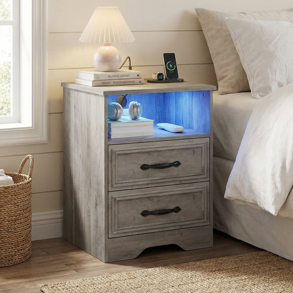 Holliwill Nightstand with Outlets & USB Ports & LED Lights for Bedroom, 2 Drawer Dresser Bedside Table End Table Side Table for Living Room, Gray