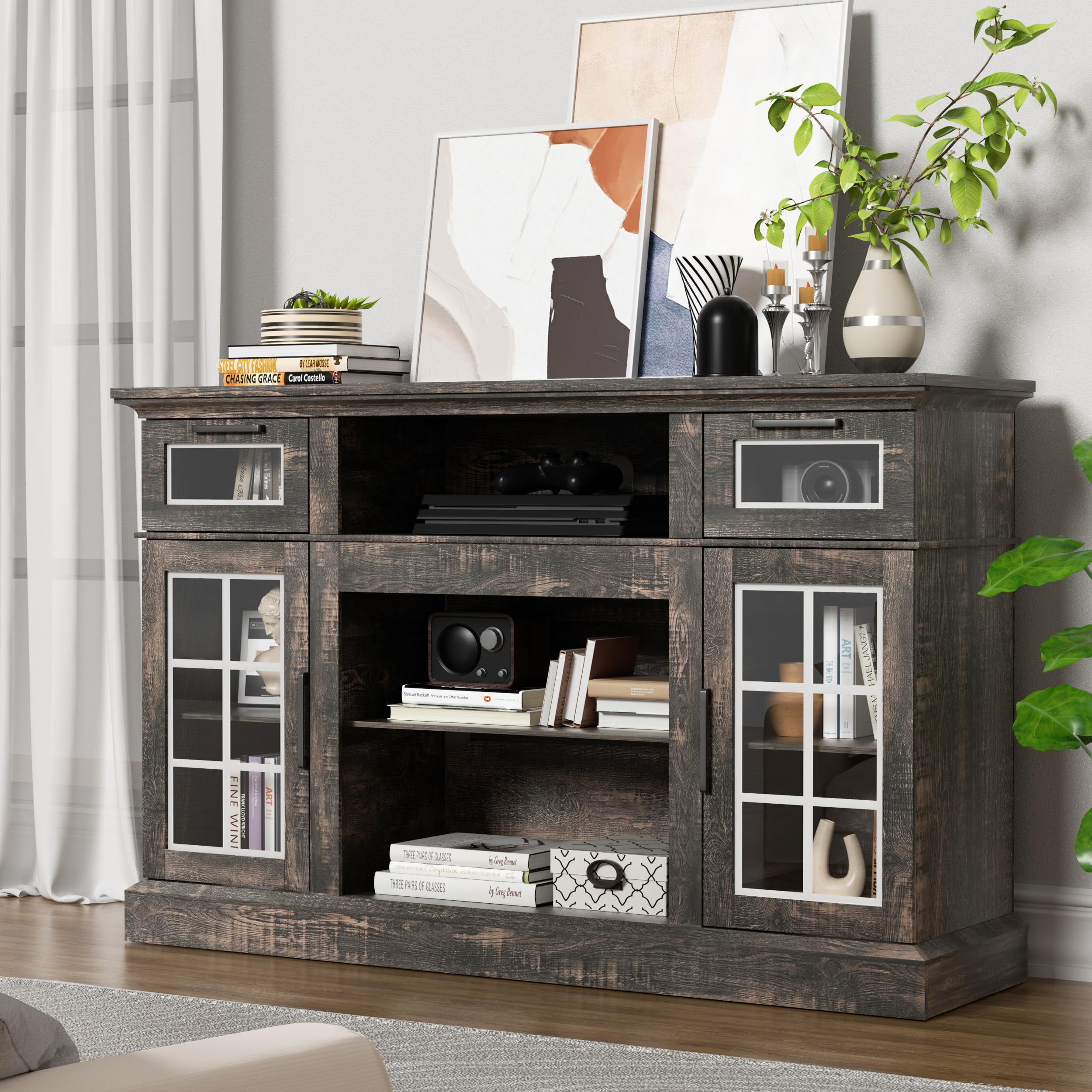 Relefree TV Stand with Glass Door & Drawer, 58 in Modern Entertainment