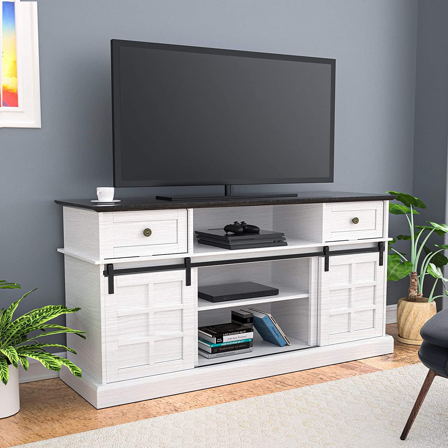 Relefree White Barn Door TV Stand for TVs up to 65", 58 in
