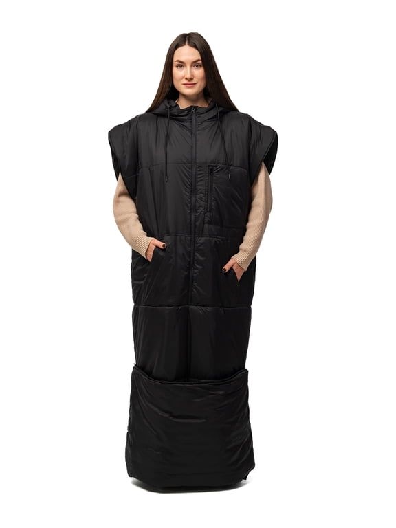 Adult Sleeveless Wearable Sleeping Bag with Hoodie for Camping, Black