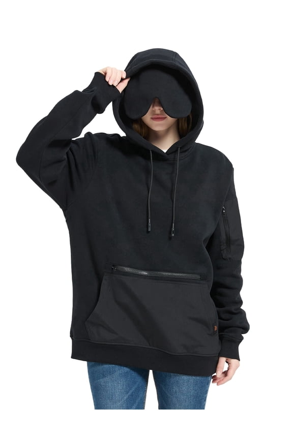 Travel Hoodie with Built-In Eye Mask for Men & Women, Comfort Pullover with Pockets,L