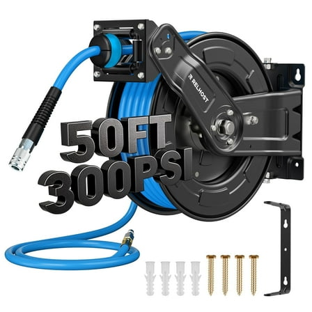 Relhost Retractable Air Hose Reel, 50 ft x 3/8 in Hybrid Air Hose Max 300PSI, Heavy Duty Air Compressor Hose Reel with Dual Arms, Auto Rewind, 180° Swivel Ceiling/Wall Mount for Garages, Workshops