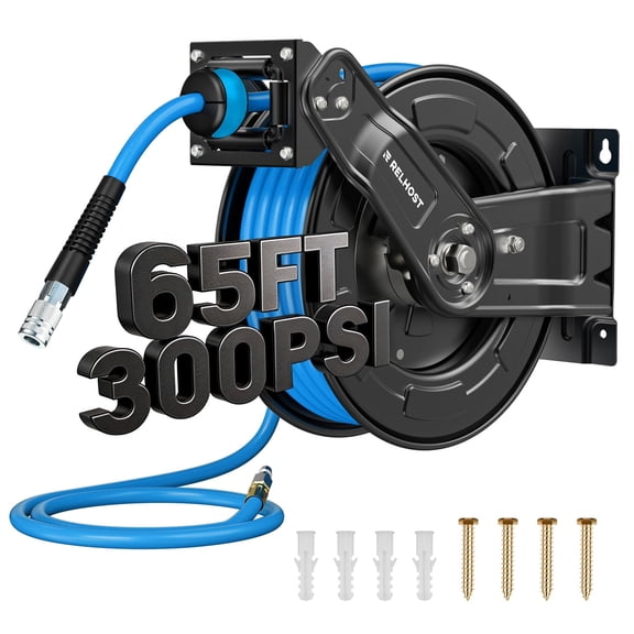 Relhost Retractable Air Hose Reel, 65 ft x 3/8 in Hybrid Air Hose Max 300PSI, Heavy Duty Air Compressor Hose Reel with Dual Arms, Auto Rewind, Ceiling/Wall Mount for Garage, Workshop, Home Studio