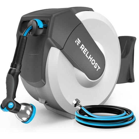 Relhost Retractable Garden Hose Reel 100 ft x 1/2 in, Heavy Duty Hose Reel Wall Mount with Any Length Lock, Auto Rewind System, 180° Swivel Bracket, 10-Pattern Garden Hose Nozzle, White & Grey