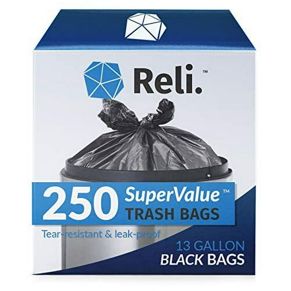 Reli. 13 Gallon Trash Bags, Tall Kitchen Black Trash Can Liners, 250 Count