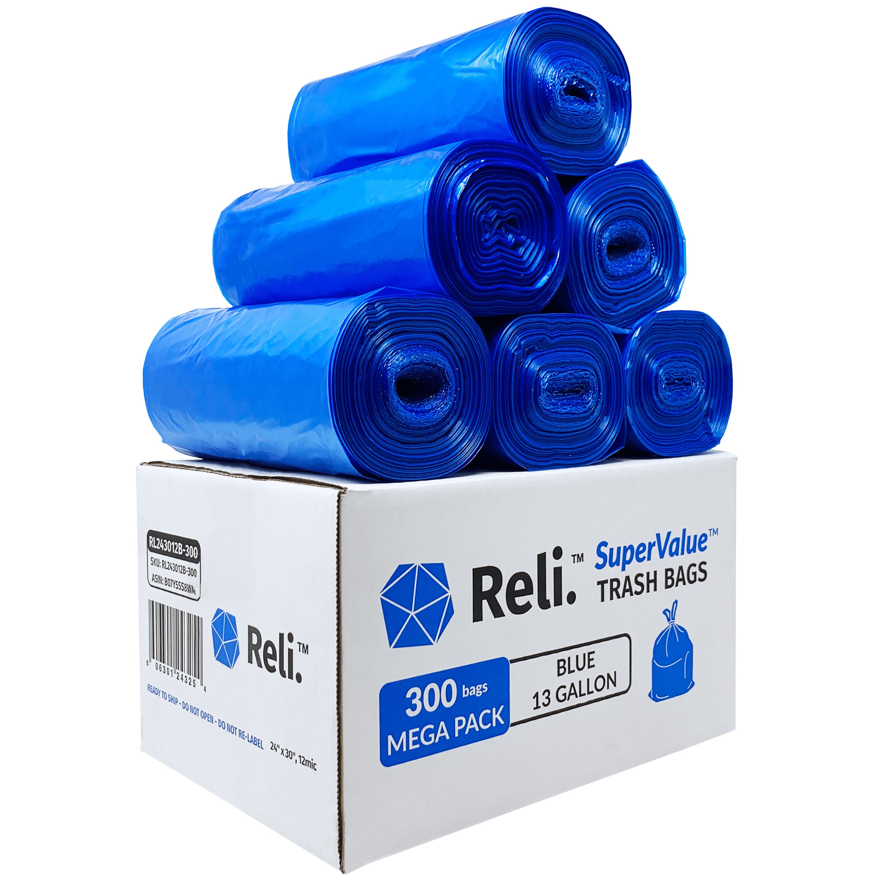 Reli. 13 Gallon Trash Bags, Tall Kitchen Recycling Blue Garbage Bags (300  Bags)