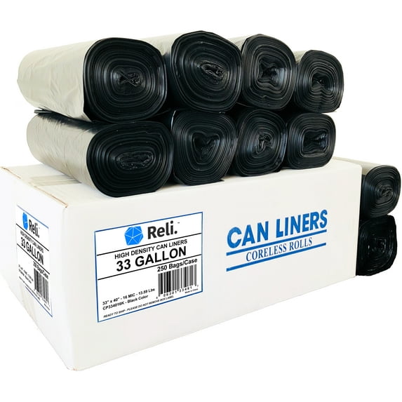 Reli. 33 Gallon Trash Bags Heavy Duty (250 Count Bulk) - Black Garbage Bags 30 Gallon