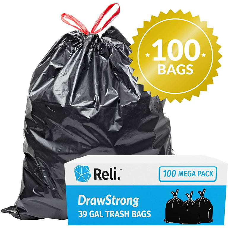 Reli. 39 Gallon Trash Bags Drawstring (100 Count) Large 39 Gallon Heavy Duty  Drawstring Trash Bags - Black Garbage Bags 39 Gallon Capacity, Lawn Leaf  (39 Gal) 