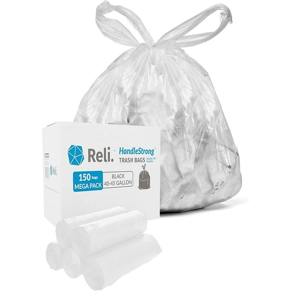 Reli. 40-45 Gallon Trash Bags with Handles (150 Bags) Handle-Tie Garbage Bags 44 Gal - 45 Gal, Clear Garbage Bags 40-45 Gal
