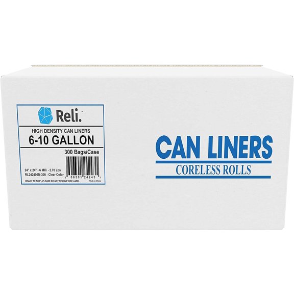 Reli. 6-10 Gallon Trash Bags (300 Bags) 10 Gallon Can Liners w/ 6 Gal, 7 Gal, 8 Gal Capacity (Clear)