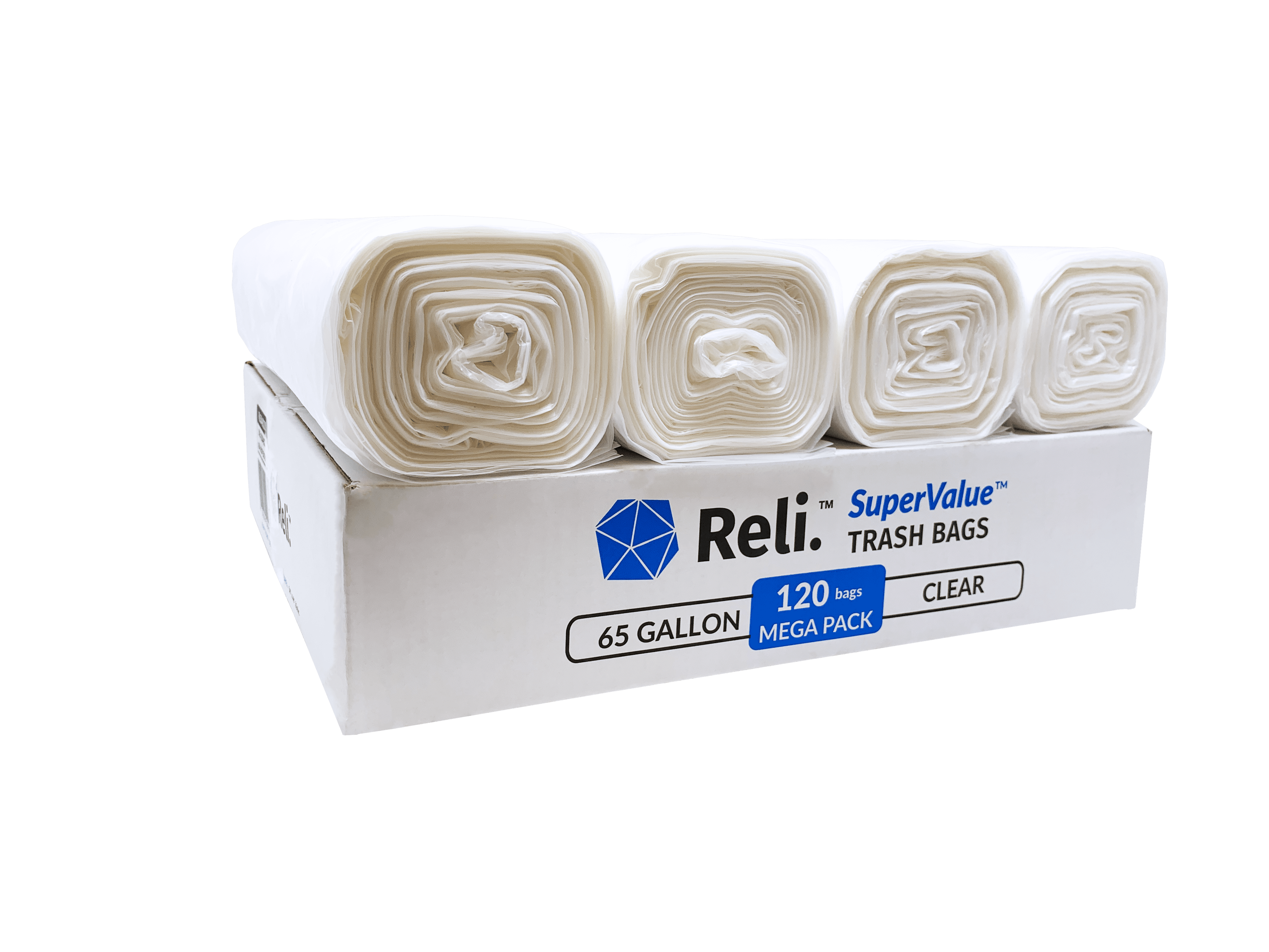 Reli. 65 Gallon Trash Bags Heavy Duty Clear Garbage Bags, Drum Liners 65 Gallon (120 Bags)