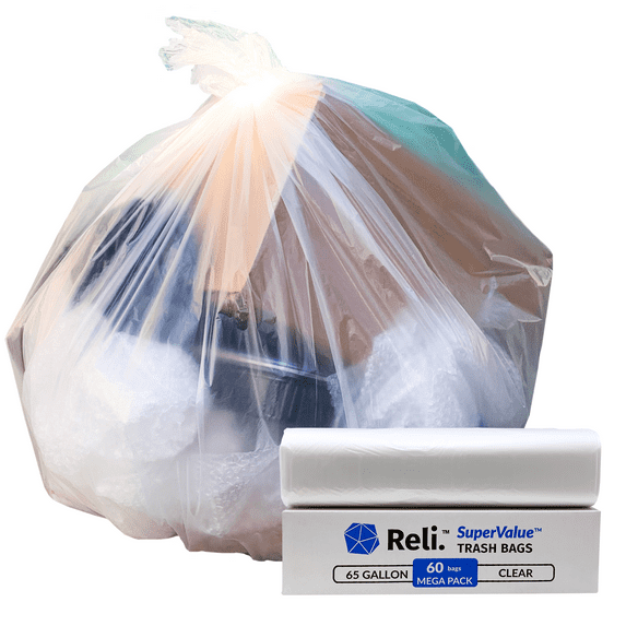 Reli. 65 Gallon Trash Bags Heavy Duty Clear Garbage Bags, Drum Liners 65 Gallon (60 Bags)