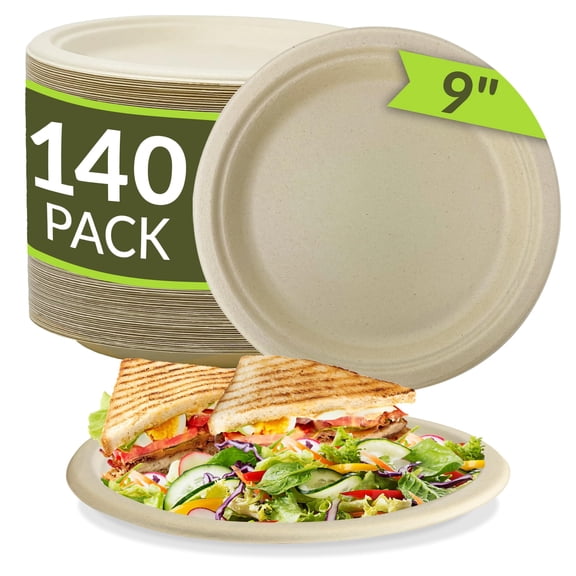 Reli. Compostable Paper Plates 9 Inch AFN1(140 Pack Bulk) | Brown Disposable Plates 9" | Heavy Duty Paper, Eco-Friendly | Made of Sugarcane Fibers/Bagasse - Biodegradable | Microwavable (Natural)