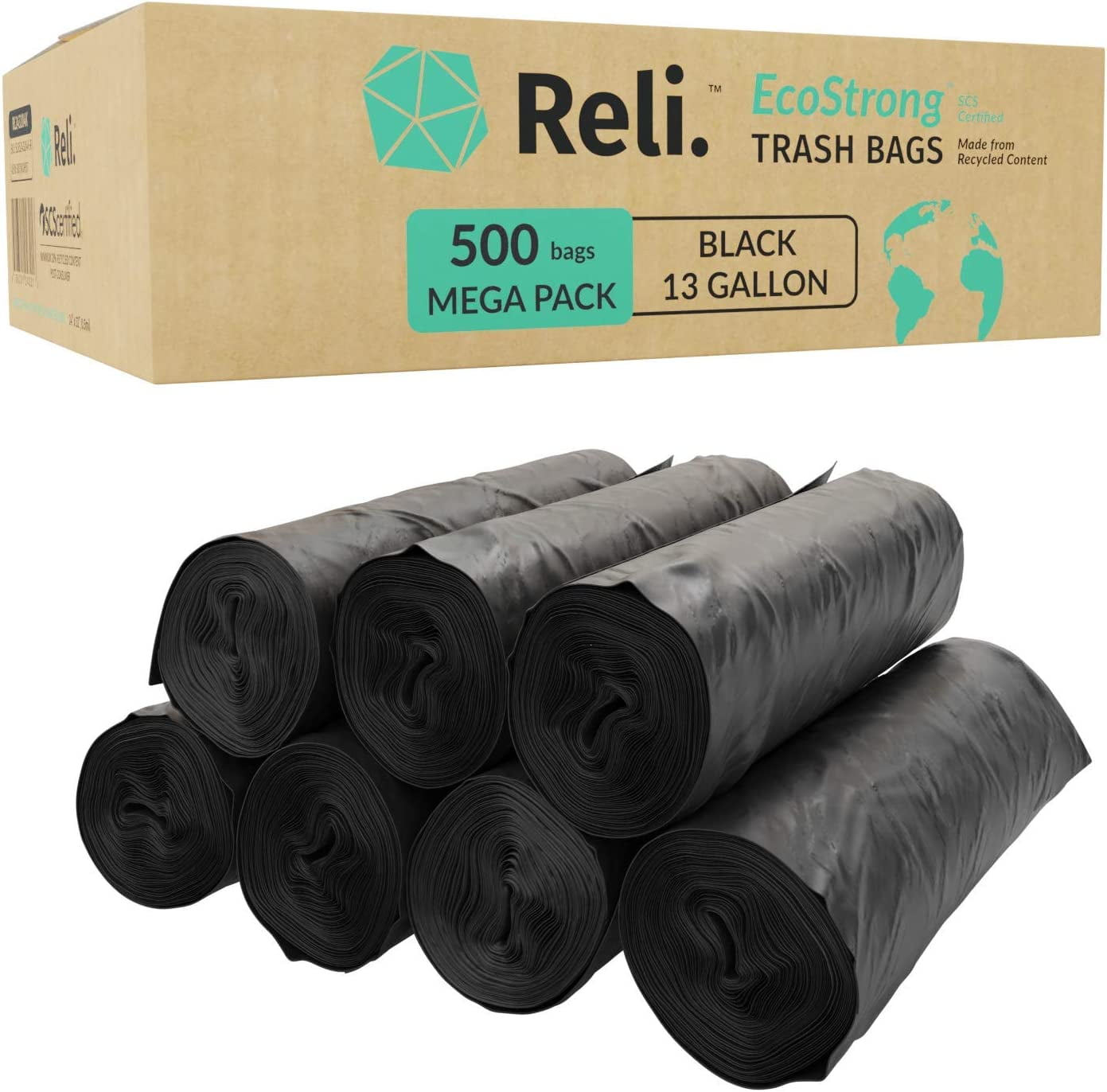 Reli. Eco-Friendly 50 Gallon Trash Bags (30 Bags) Recyclable 45 Gallon  Large Garbage Bags - Made of Recycled Material (Black) 