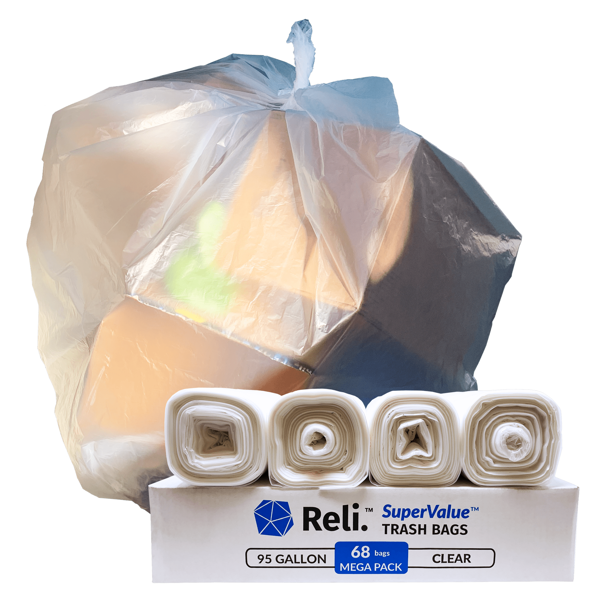 Reli. Supervalue 95 Gallon Trash Bags (68 Count, Bulk) Clear 95 Gallon Garbage Can Liners for Toter, Large Garbage Bags Heavy Duty 95 Gal - 96 Gallon
