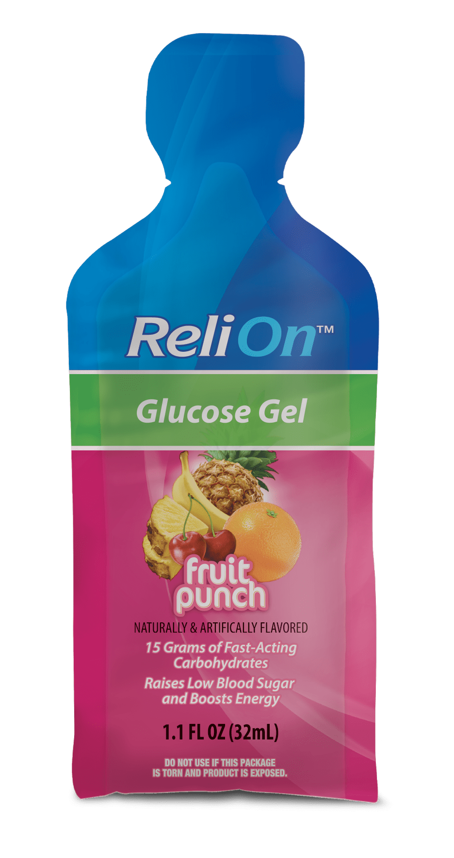 ReliOn Glucose Gel Fruit Punch, 1 Pouch, 15 Grams Carbohydrates, Raises