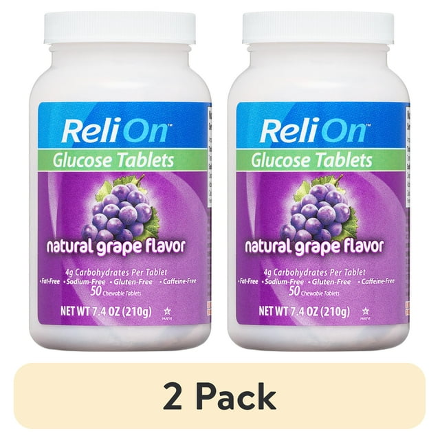 (2 pack) ReliOn Glucose Tablets, Natural Grape Flavor, 50 Count