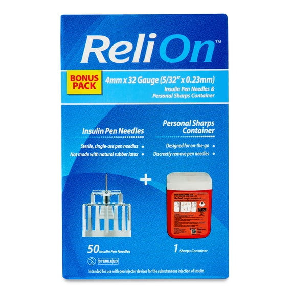 ReliOn Insulin Pen Needles Bonus Pack, 4 mm x 32 Gauge, 50 Count + Sharps Container