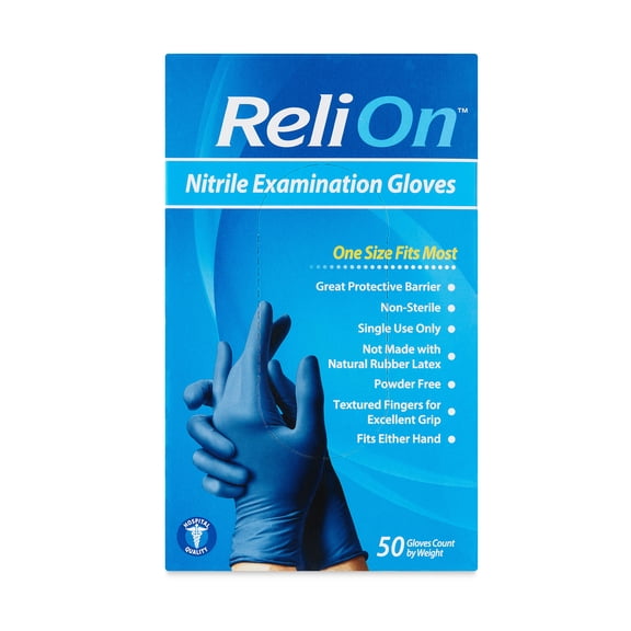 ReliOn Nitrile Examination Gloves, One Size Fits Most, 50 Count