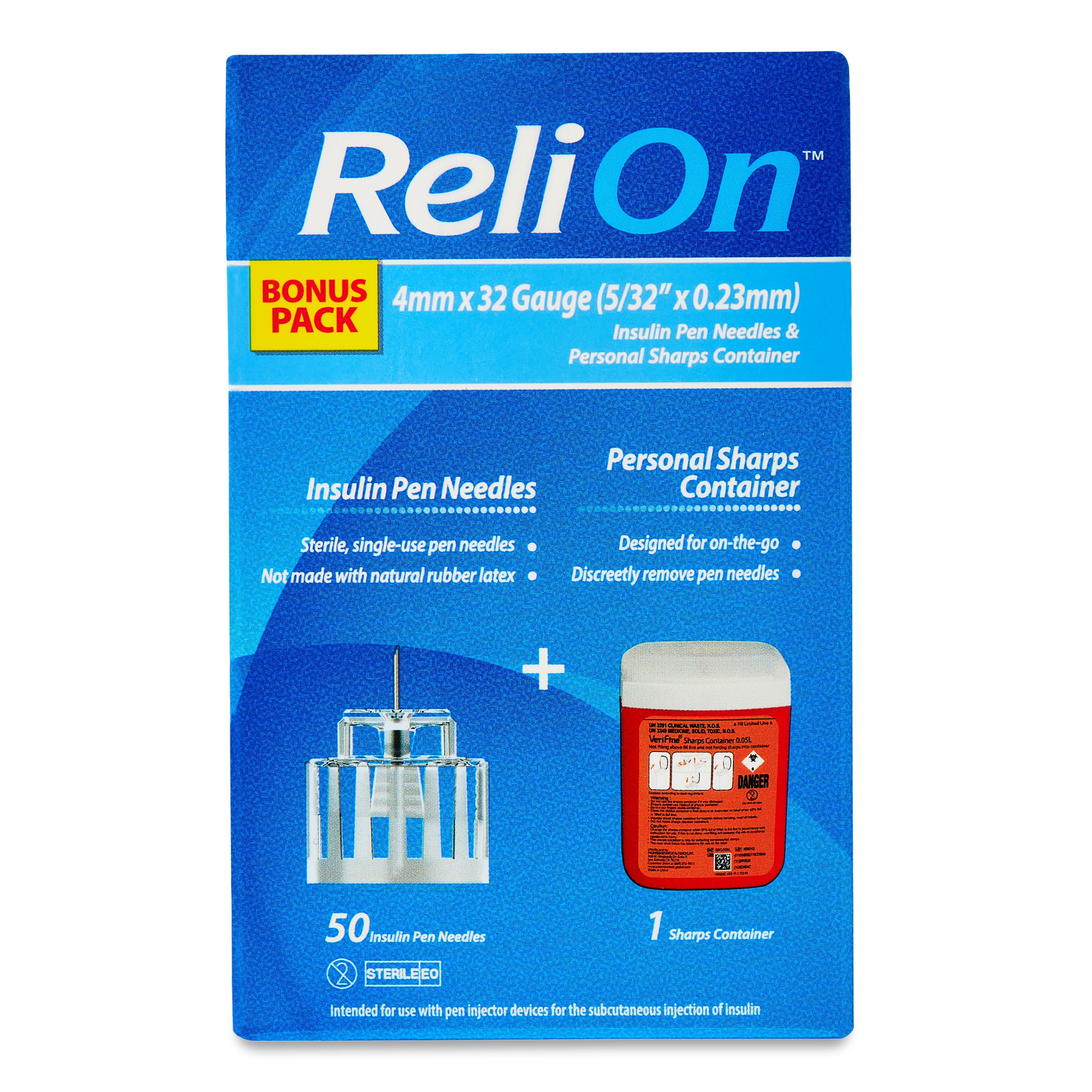 ReliOn Insulin Pen Needles Bonus Pack, 4 mm x 32 Gauge, 50 Count + Sharps Container