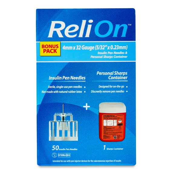 ReliOn Insulin Pen Needles Bonus Pack, 4 mm x 32 Gauge, 50 Count + Sharps Container