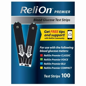 ReliOn Premier Blood Glucose Test Strips, 100 Count Diabetes Blood Sugar Test Strips, No Coding, for ReliOn Premier Meters