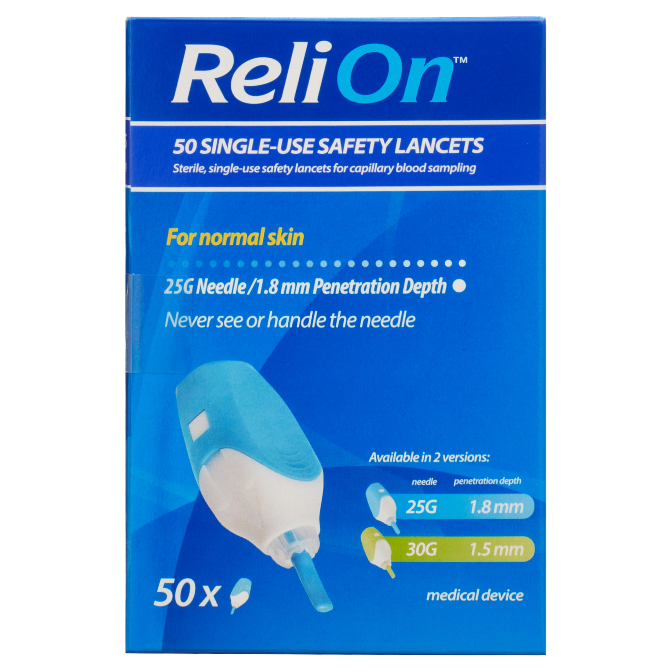 ReliOn Single-Use 2-In-1 Lancing Device for Normal Skin, 25G Needle, 50 Count - image 1 of 8