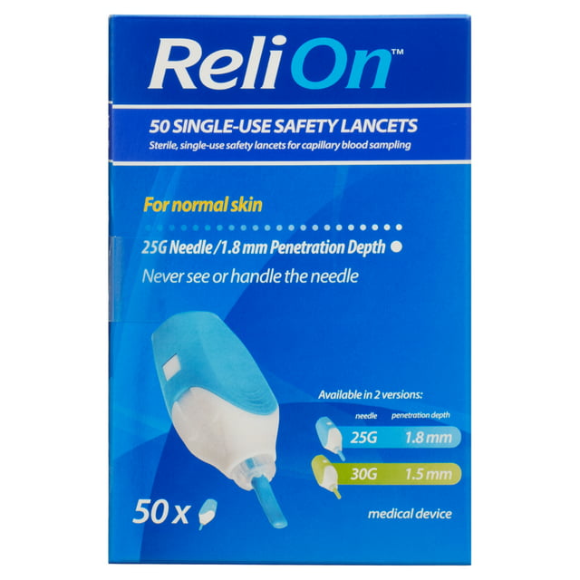ReliOn Single-Use 2-In-1 Lancing Device for Normal Skin, 25G Needle, 50 Count