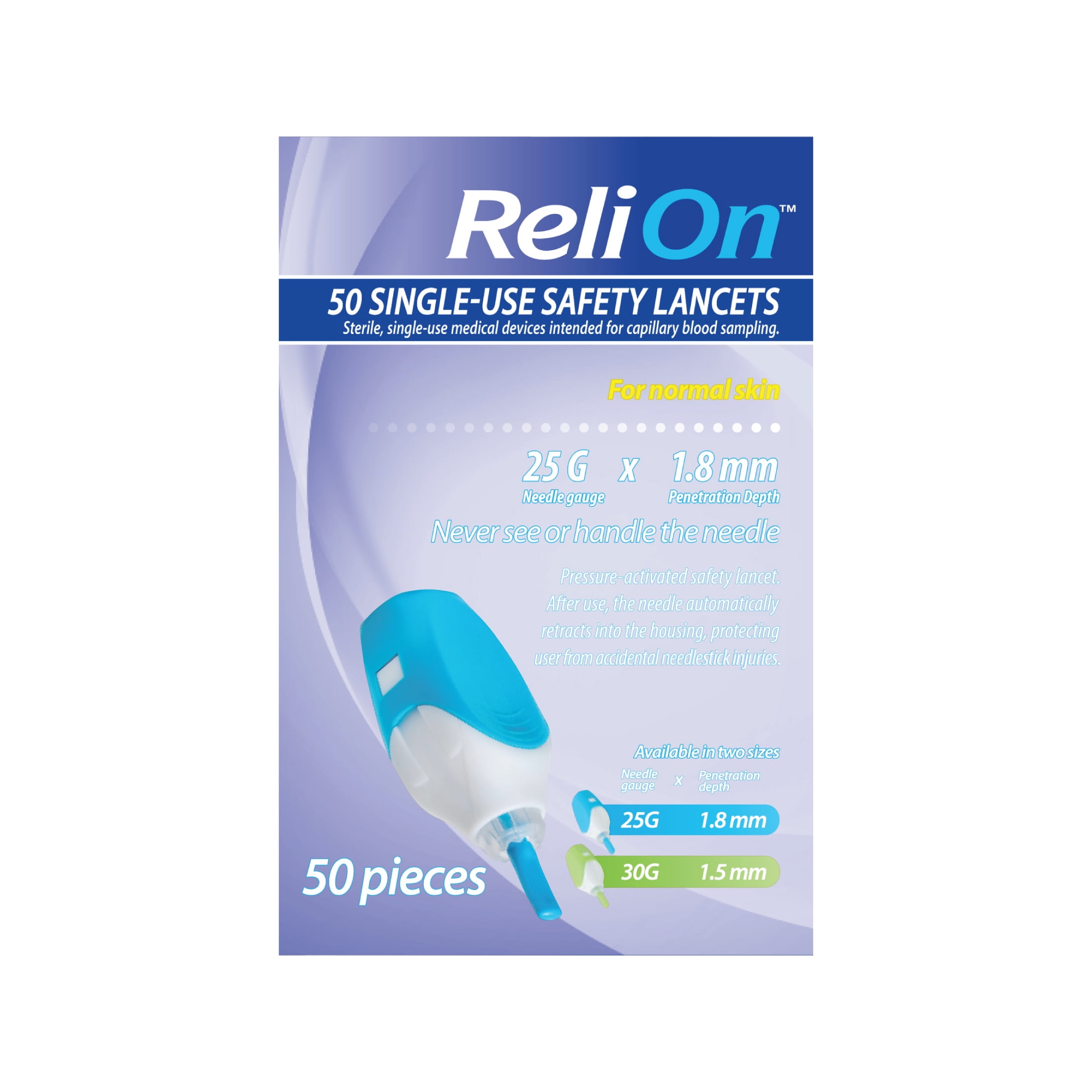 ReliOn SingleUse 2In1 Lancing Device for Normal Skin, 25G Needle, 50