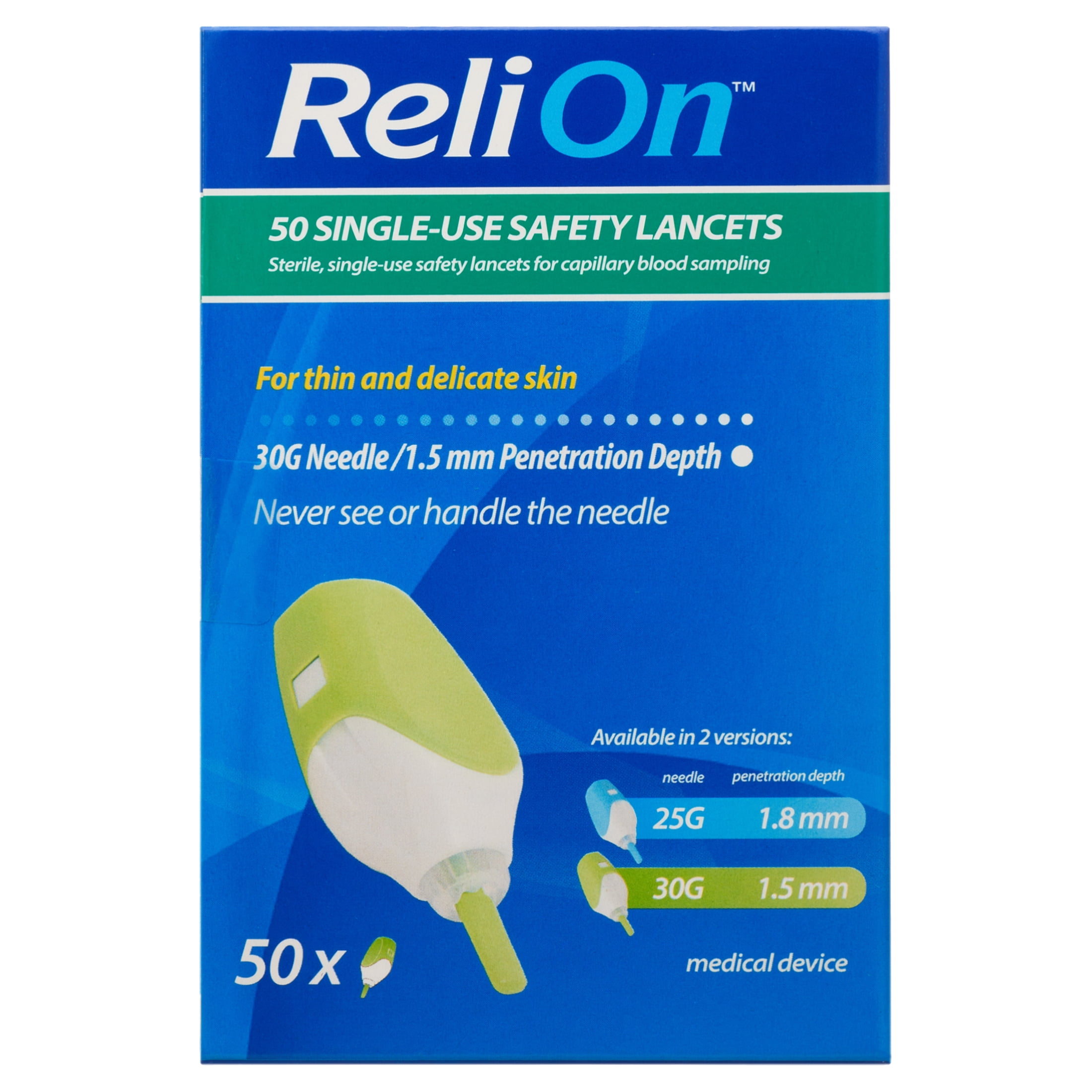 ReliOn SingleUse 2In1 Lancing Device for Thin and Delicate Skin, 30G