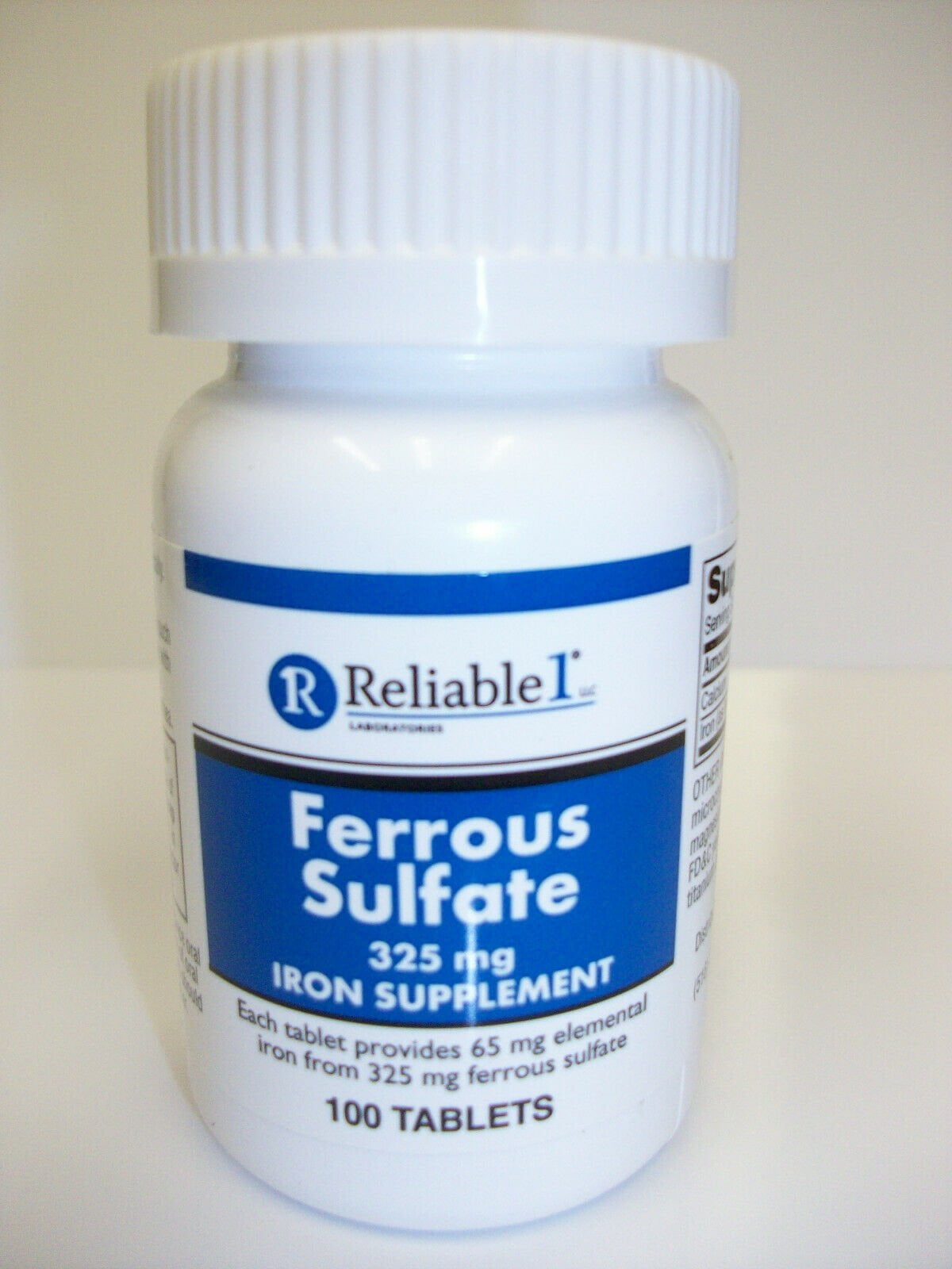 Reliable 1 Laboratories Ferrous Sulfate 325 mg Iron supplement Tablets, 100 Ea