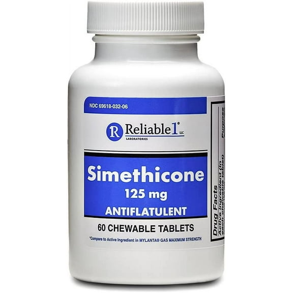 Reliable-1 Laboratories Simethicone 125mg Gas Relief Tablets Extra Strength Bloating Relief Gas Pills | Anti Flatulence, Rapid Gas Relief for Adults | Peppermint Flavor | 60 Chewable Tablets