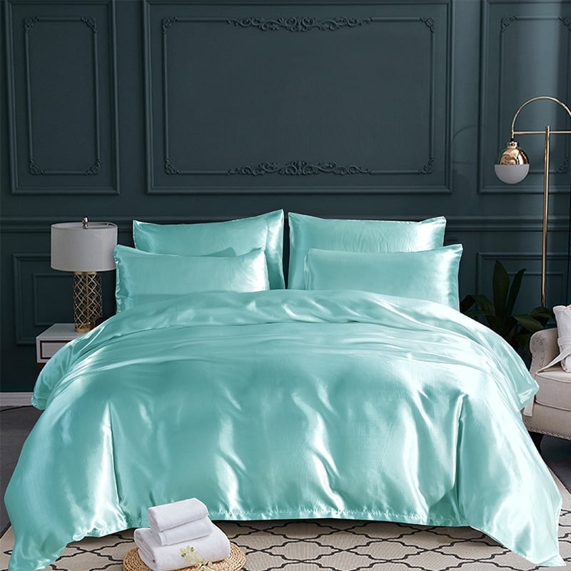 Reliable Bedding 100% Silk Satin Comforter,Silky Soft Quilt Luxury Hotel Quality Bedding Comforter Aqua Blue,Box Stitched, 300 GSM,Lightweight & Cozy Bedding For Better Sleep (King/Cal King, 92x102)