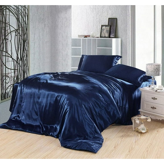Reliable Bedding 100% Silk Satin Comforter, Silky Soft Quilt Luxury Hotel Quality Bedding Comforter Navy Blue, Box Stitched, 300 GSM, Lightweight & Cozy Bedding For Better Sleep (Full/Queen, 90x90)