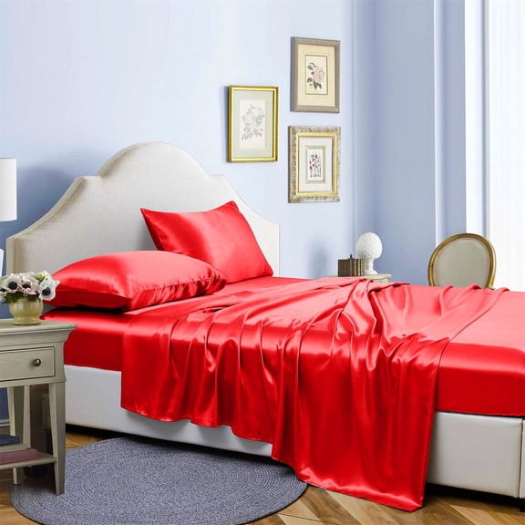 Reliable Bedding 4 piece Sheet Set, Silk Satin Sheet Set, Extra Soft Silky Sheets, Royal Luxury Sheet Set 24" Deep Pocket, Wrinke Free (Blood Red ,Full)