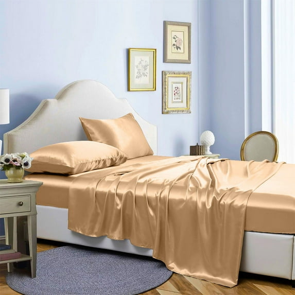 Reliable Bedding 4 piece Sheet Set, Silk Satin Sheet Set, Extra Soft Silky Sheets, Royal Luxury Sheet Set 24" Deep Pocket, Wrinke Free (Dark Ivory,Cal-Queen)