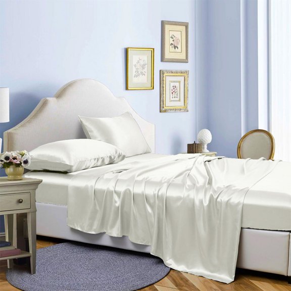 Reliable Bedding 4 piece Sheet Set, Silk Satin Sheet Set, Extra Soft Silky Sheets, Royal Luxury Sheet Set 24" Deep Pocket, Wrinke Free (Ivory,Cal-King)
