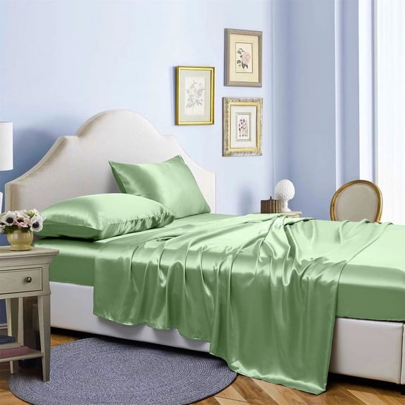 Reliable Bedding 4 piece Sheet Set, Silk Satin Sheet Set, Extra Soft Silky Sheets, Royal Luxury Sheet Set 24" Deep Pocket, Wrinke Free (Olive,Short Queen)