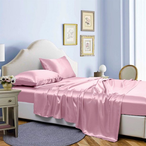 Reliable Bedding 4 piece Sheet Set, Silk Satin Sheet Set, Extra Soft Silky Sheets, Royal Luxury Sheet Set 24" Deep Pocket, Wrinke Free (Rose Pink,king)